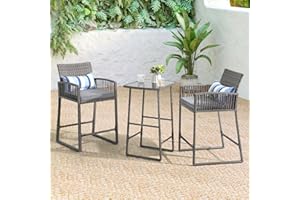 SUNSITT 3-Piece Outdoor Wicker Bar Height Table Set, 2 Bar Stools and 1 Pub Table with 2 Striped Pillows, Grey Rattan, Grey Seat Cushions, Steel Frame
