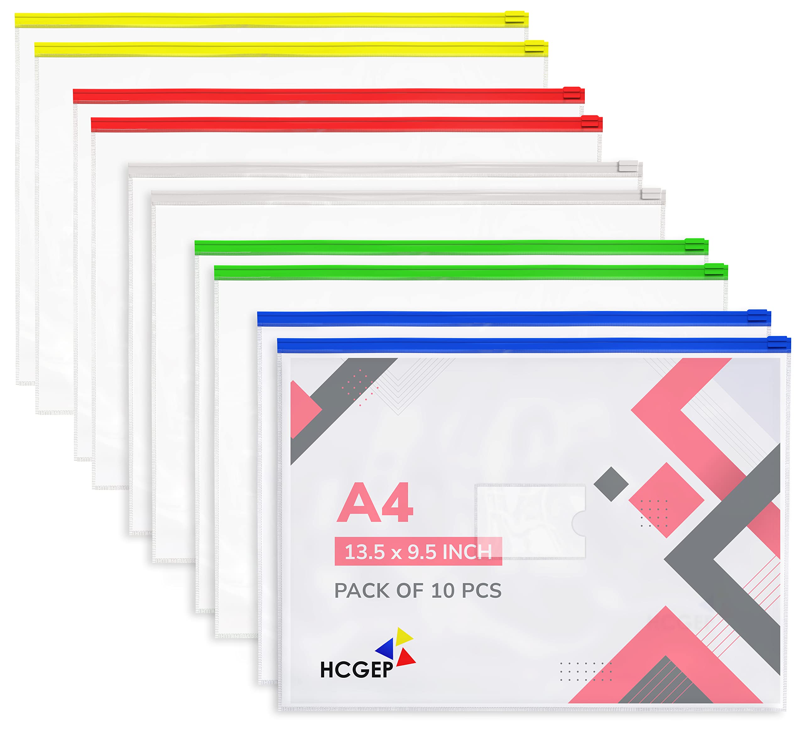 Plastic Wallets A4 Pack of 10 - Zippered Clear Pencil Case Durable, Waterproof for Organizing Files, Toys, Travel, School & Office Supplies – Assorted Colored Transparent Document Folder