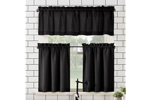 No. 918 Martine Microfiber Semi-Sheer Rod Pocket Kitchen Curtain Valance and Tiers Set, 54" x 45", Black