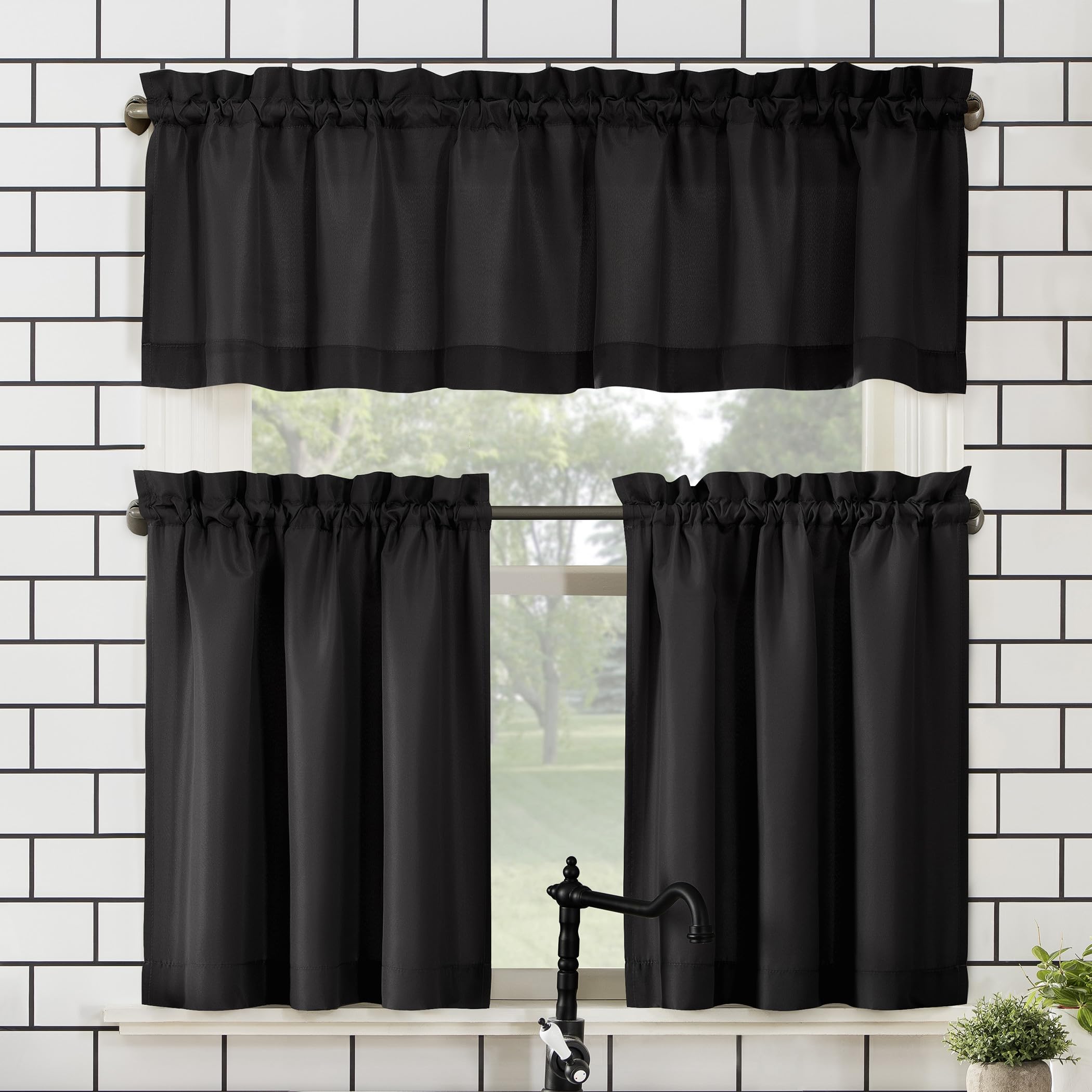 No. 918 Martine Microfiber Semi-Sheer Rod Pocket Kitchen Curtain Valance and Tiers Set, 54" x 45", Black