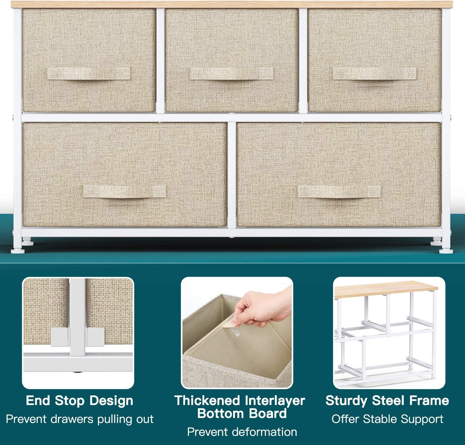 Fabric Dresser with 5 Drawers, Wide Dresser Storage Tower, Organizer Unit with Wood Top and Easy Pull Handle for Closets, Living Room, Nursery Room, Hallway by Pipishell: Home Improvement