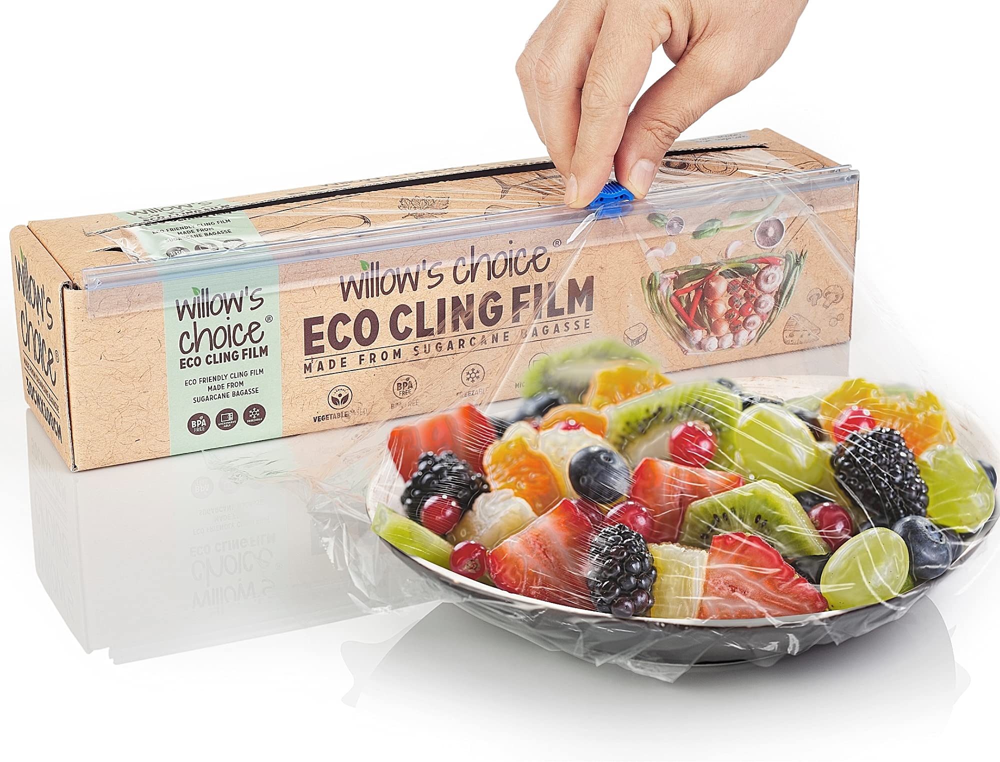 Willow's Choice Eco Cling Film, 100m x 300mm, Made from Natural Sugarcane Plant Extracts, Vegan and Recyclable, Free from BPA and Phthalates, Freezer and Microwave Safe, includes Dispenser and Cutter