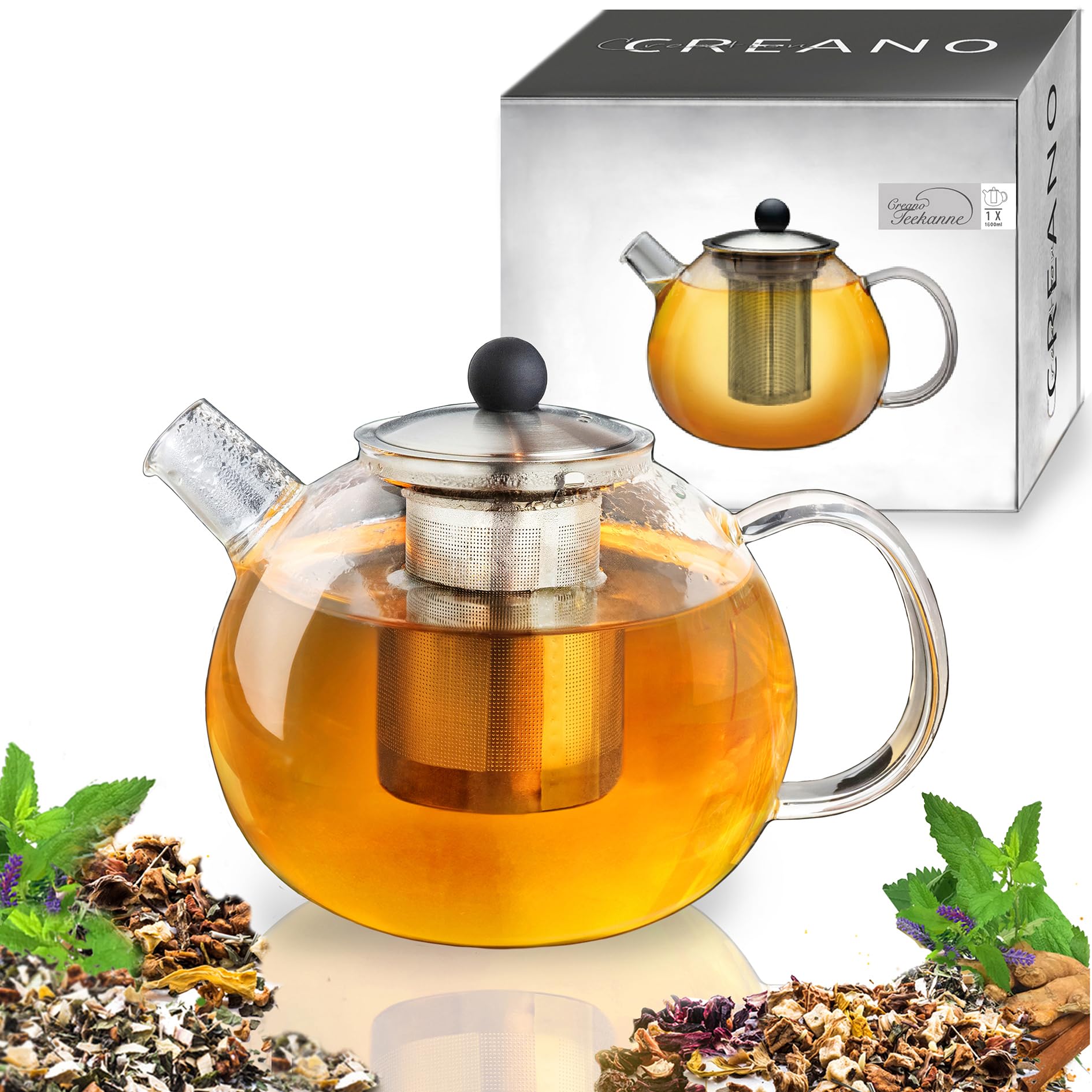 Creano Teapot with Glass Strainer Insert 1.6 L - Glass Teapot with Stainless Steel Strainer and Lid - Ideal for Preparing Loose Teas - Drip-Free