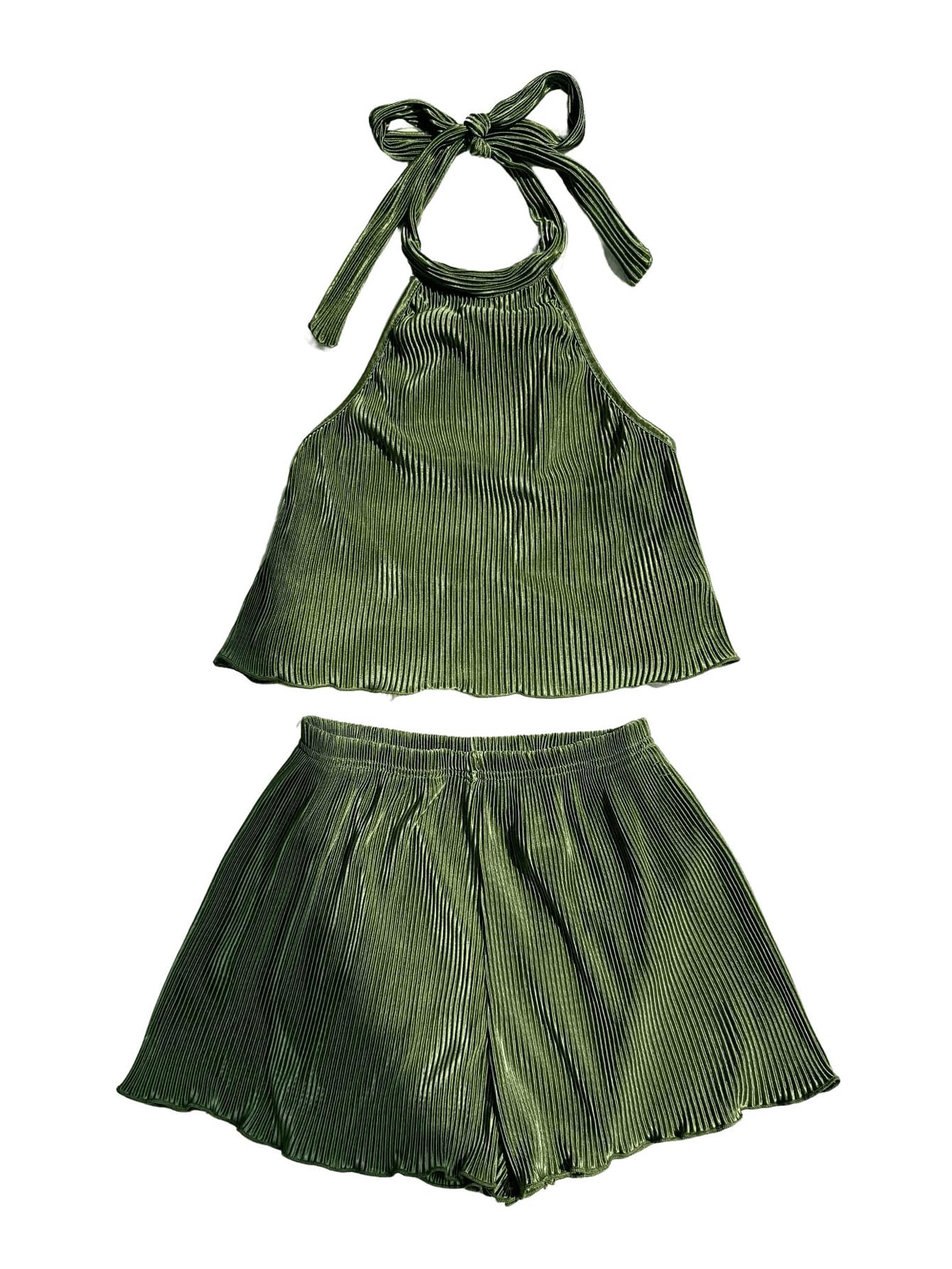 Photo 1 of (small) GORGLITTER 2 Piece Sets for Women Summer Crochet Textured Tie Back Crop Halter Tops and Shorts Set Dark Green Small