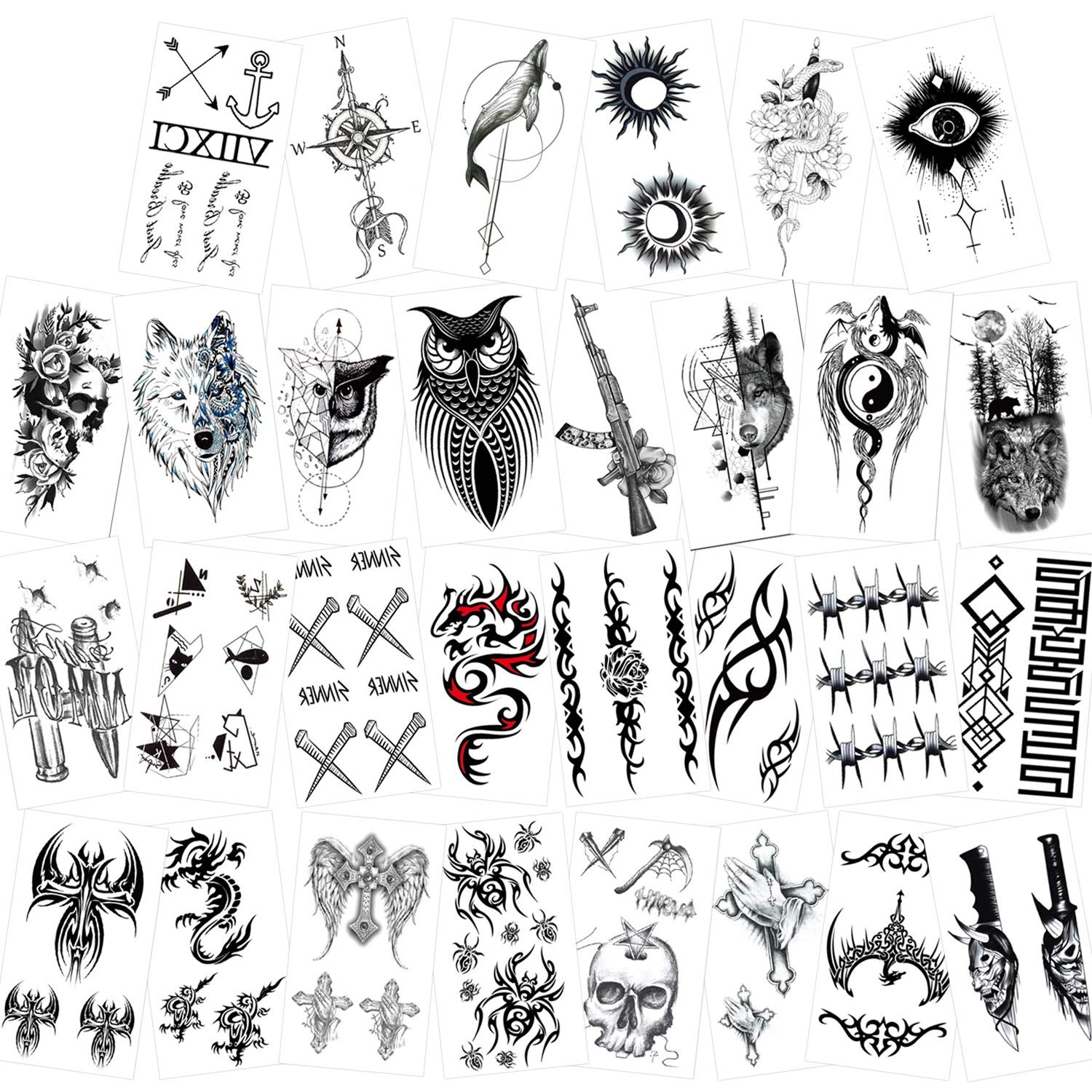 Konsait Temporary Tattoo Black Tattoo Body Art Small Sheets Tattoo Sticker Fake Arm Tattoos Sticker For Men Women 30 Sheets Dagon Skull Wolf Etc Amazon De Beauty