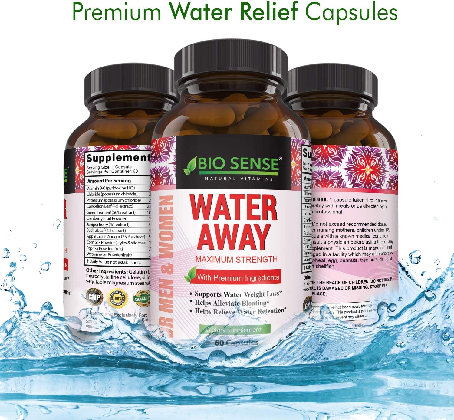 Natural Diuretic Water Away Pills Vitamin B6 Potassium & Dandelion Root Extract Water Retention Anti-Bloating and Swelling Capsules Weight Loss for Women & Men with Antioxidant Green Tea by Bio Sense: Health & Personal Care