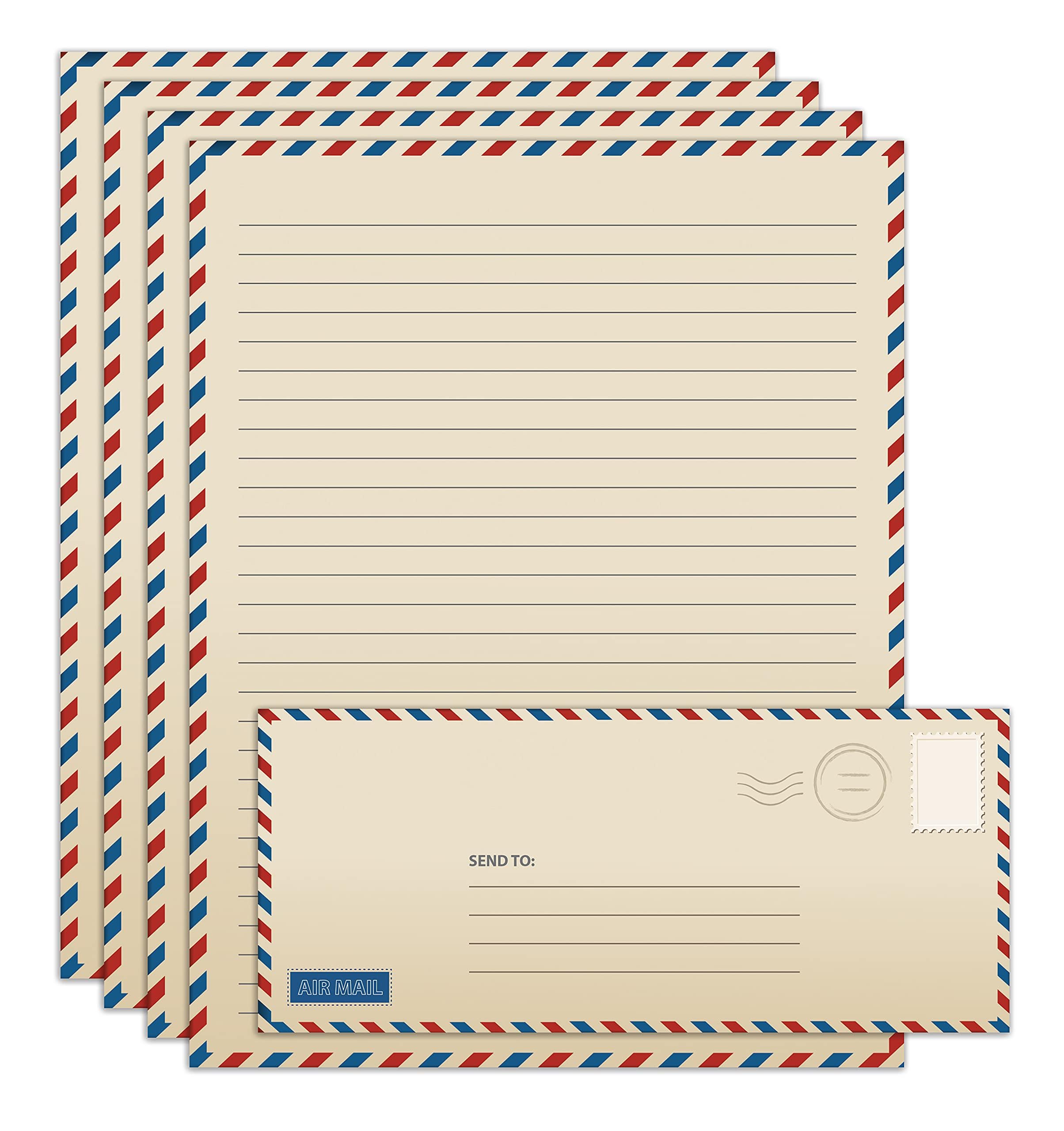 Better Office Products Vintage Airmail Stationery Paper Set, 100-Piece Set (50 Lined Sheets + 50 Matching Envelopes), Letter Size 8.5 x 11 inch, Double Sided & Lined Paper, by Better Office Products
