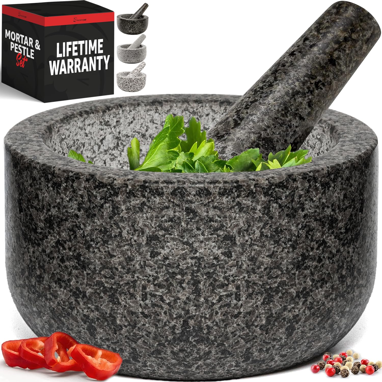 Photo 1 of *DAMAGE**PESTLE IS BROKEN** Priority Chef Heavy Duty Large Mortar and Pestle Set, 100% Granite, Non Slip Base, Make Fresh Guacamole, Salsa, Pesto, Stone Grinder Bowl, Herb Crusher, Spice Grinder, 4 Cup - Black