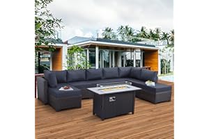 Lviden 9 Pieces Wicker Patio Furniture Set Outdoor PE Rattan Sectional Conversation Sofa Set with Navy Blue Cushions and 45” gas fire pit table