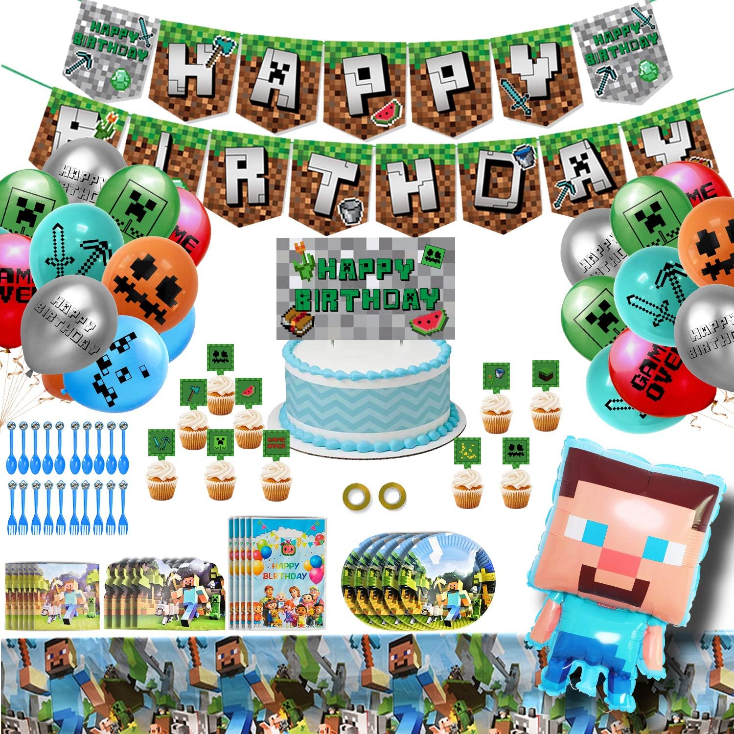 Cake Topper Invitation Card Latex Balloons Tableware For Minecraft Party Favors Decora Minecraft Birthday Party Supplies Minecraft Birthday Party Decoration Miner Crafting Style Decorations Contain Banner Minecraft Birthday Party Foil Balloon