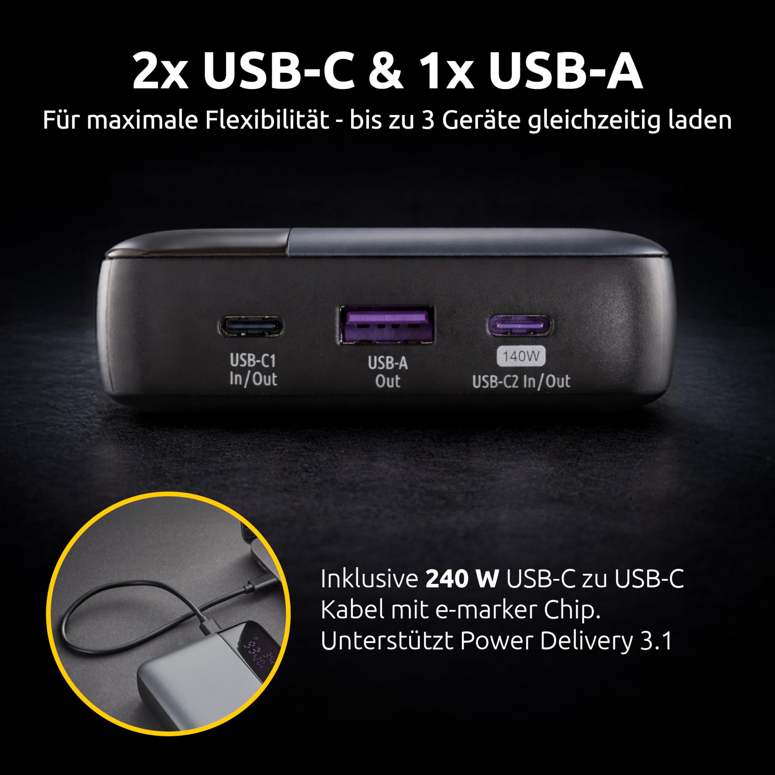 Intenso Powerbank HE25000 140W Power Delivery, 25000mAh Externer Akku, Schnellladung für MacBook, iPhone, Samsung Galaxy, iPad – USB-C Kabel & Transporttasche inklusive 6