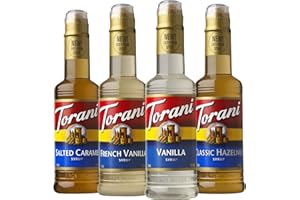 Torani Flavored Drink Syrup Café Variety Pack, Vanilla, Salted Caramel, Classic Hazelnut & French Vanilla, 12.7 fl oz (Set of 4)