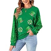 For G and PL Women St Patricks Sparkle Irish Long Sleeve Shirts Shamrock Crewneck Sequin Sweatshirts Hat Clover M