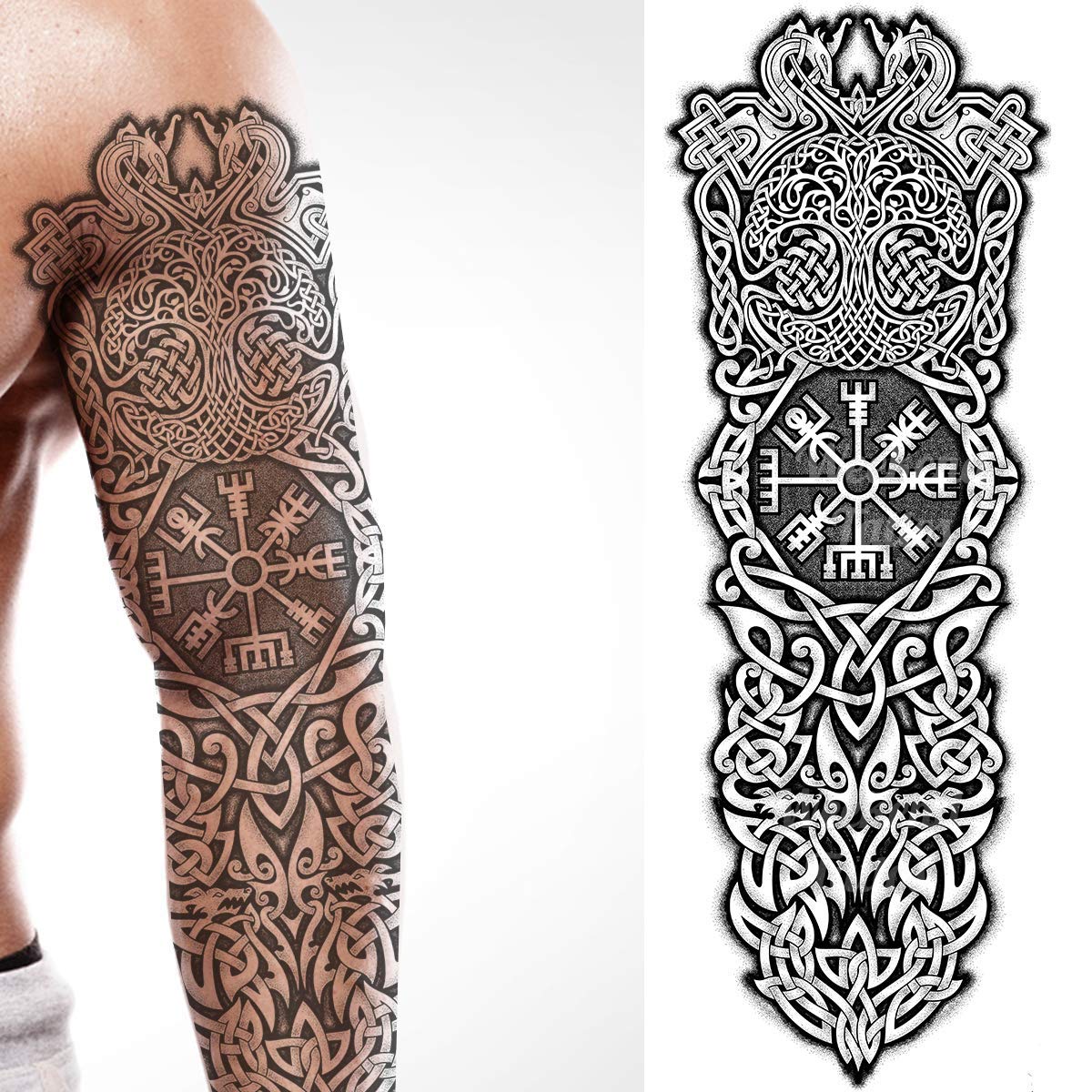 Tatodays temporary tattoo full arm stick on body art viking icelandic medieval celtic transfer for women and men cosplay halloween adult aegishjalmur temp tattoo tree of life wolfs fancy dress