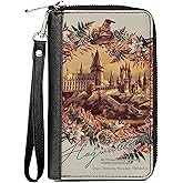 Womens PU Zip Around Wallet Rectangle Harry Potter Hogwarts Castle Floral Collage Gray