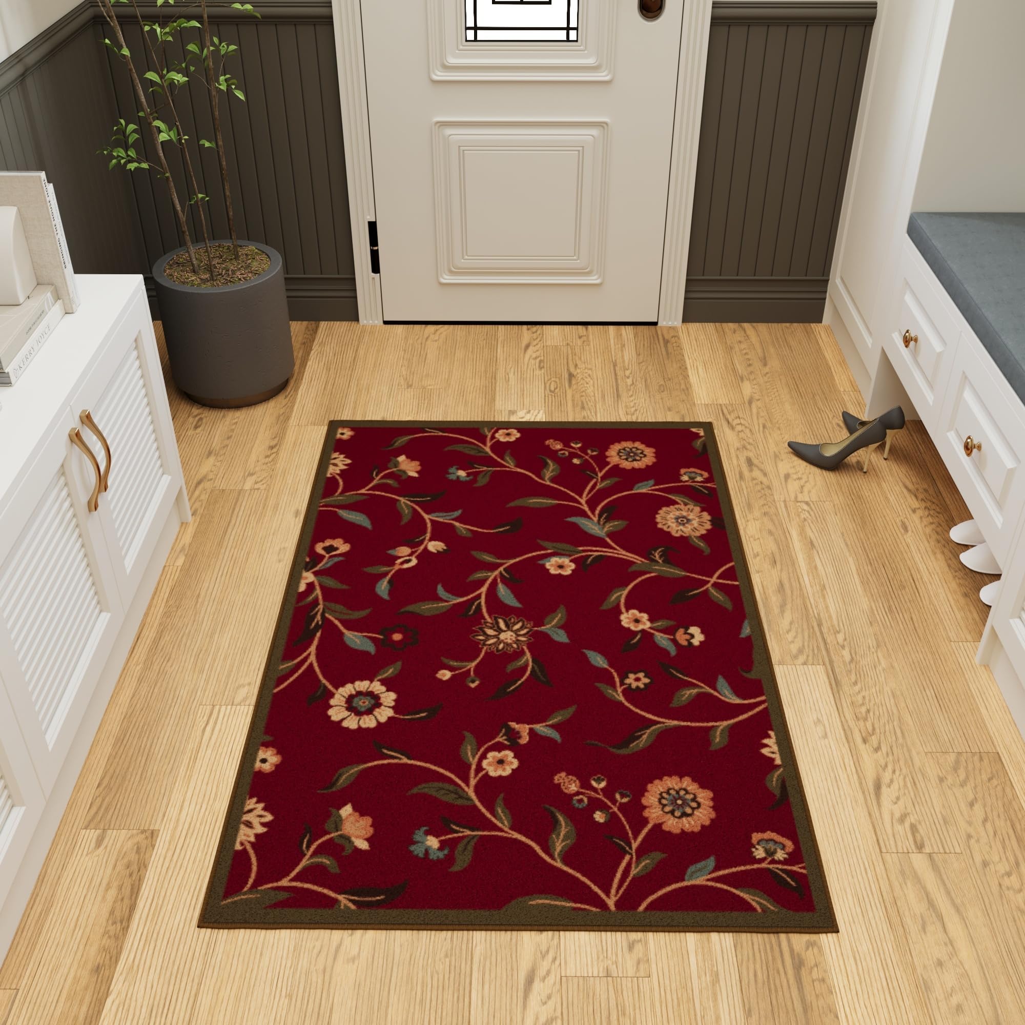 Ottomanson Ottohome Collection Contemporary Leaves Design Rubberback Area Rug , 100 cm x 150 cm, Red โ image 1