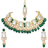 Aheli Kundan Pearl Choker Necklace Earring Maang Tikka Indian Traditional Bollywood Bharatanatyam jewellery set Gift for Women