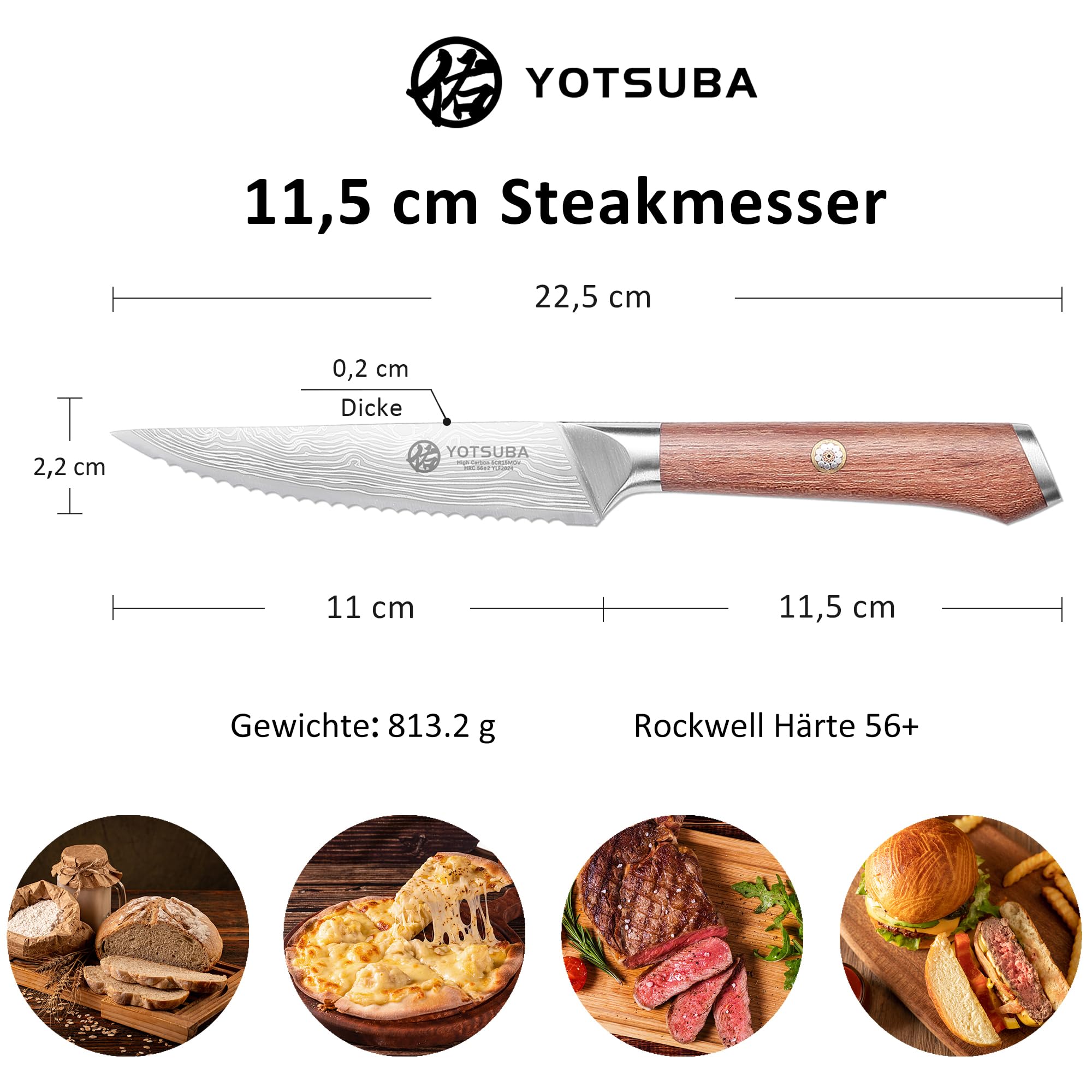 YOTSUBA Steakmesser Set 6-teilig, 12cm Küchen Steakbesteck Messer aus hochwertiger Deutscher Edelstahl, ultrascharfe Gezahnte Steak Küchenmesser und ergonomischer Holzgriff, Tafelmesser Geschenkbox 3