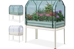 KING BIRD Raised Garden Bed with Cover & Netting Galvanized Elevated Large Planter Box with Legs 48×24×56 in for Backyard, Patio, Balcony, 400lb Capacity, Beige