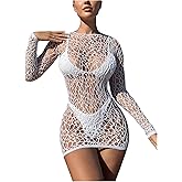 WDIRARA Women's Hollow Out Fishnet Beach Cover Up Dress Long Sleeve Sheer Mesh Bathing Suit Coverups