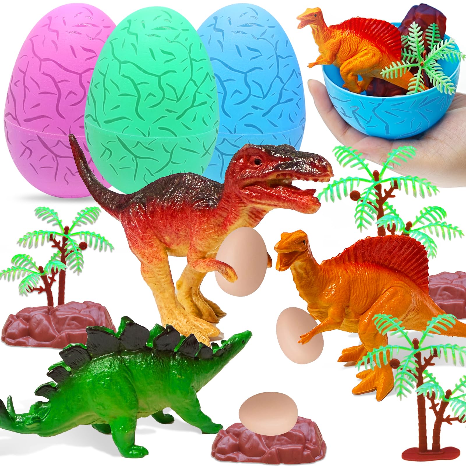 Photo 1 of 3 Pack 4.7" Easter Dinosaur Eggs with 12 Toys, Large Easter Eggs Prefilled Realistic Dinos Toys Inside, Kids Toddler Easter Basket Stuffers Fillers Egg Hunt Gifts for Boys Girls ( 4 Toys in Each Egg)