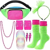 Handepo 19 Pcs 80s Costume Accessories Set Neon Retro 80s Fanny Pack Hairband Fishnet Gloves Bracelet Earrings Necklace Socks