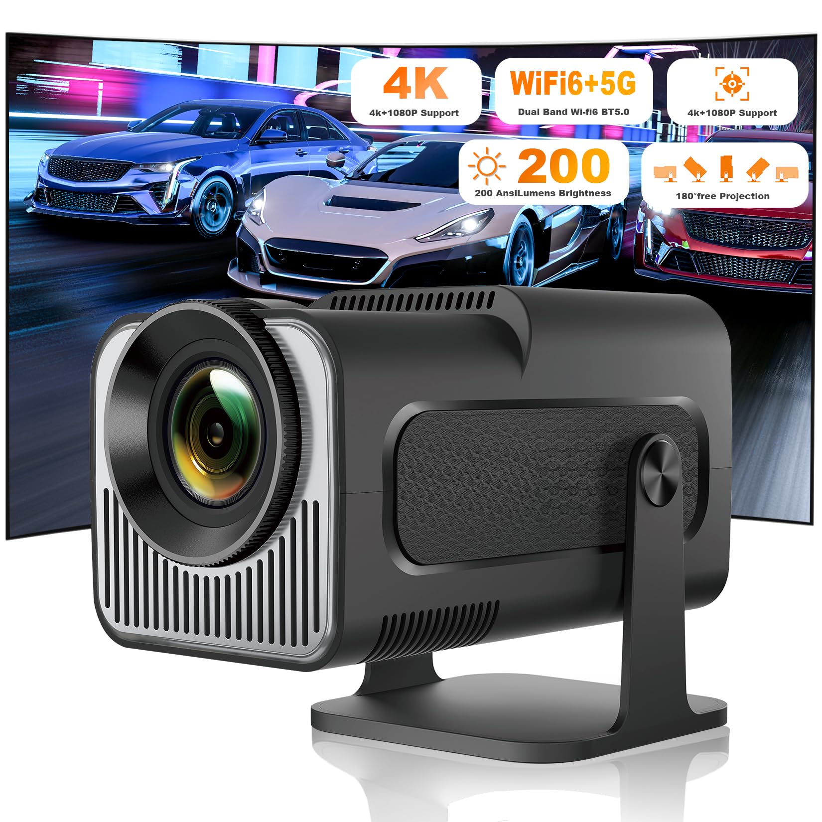 Photo 1 of Mini Projector, HY320 Portable Projector, Support 4K 1080P with Dual-Band WIFI6 5G Wireless 5.0 Bluetooth Android 11, 180° Rotatable, Auto Keystone Correction, 40"-130" Screen Video Projector
