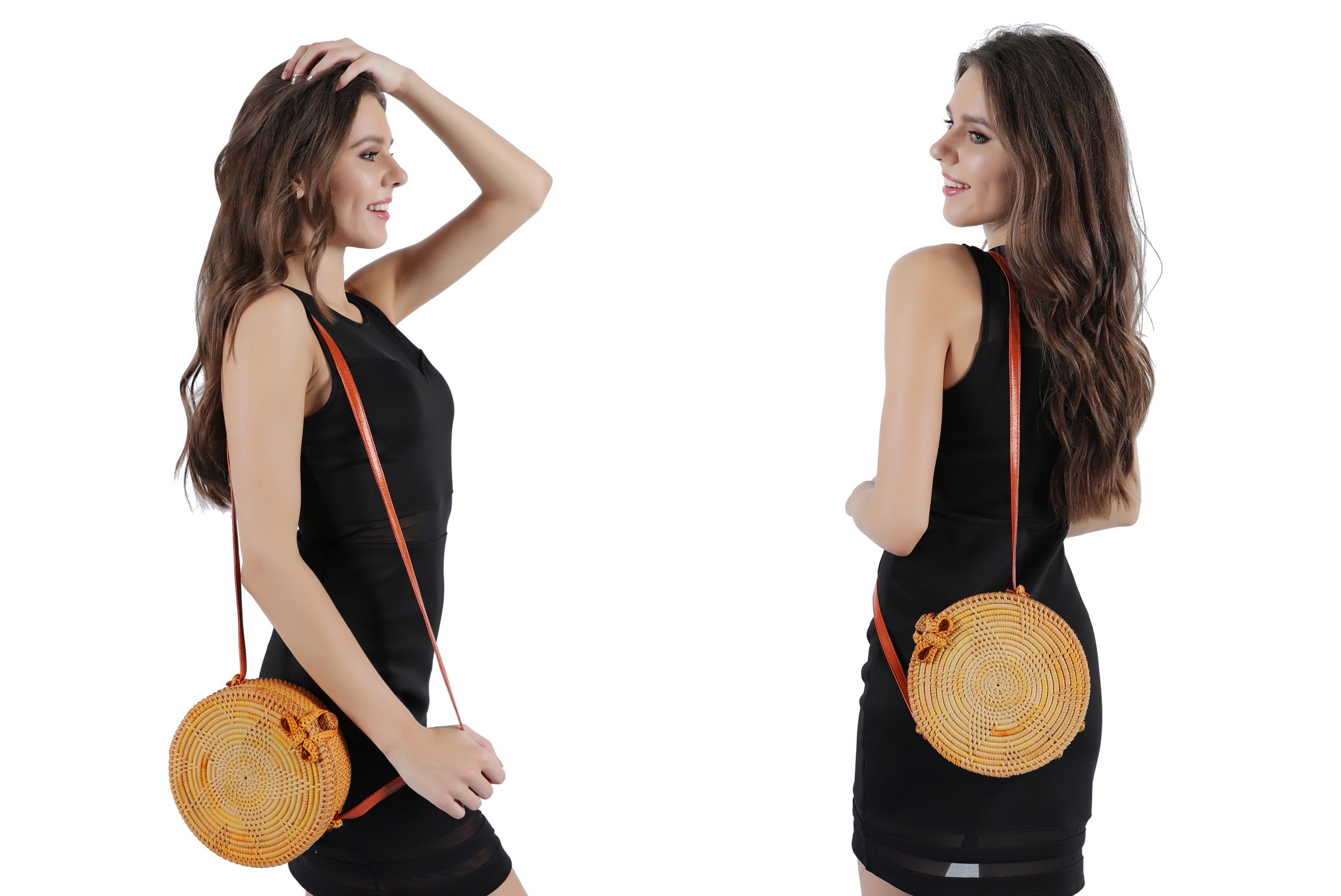 Partrisee Handmade Woven Rattan crossbody Bag Round Straw Tote Shoulder Leather Beach Gift Bag for Women-Star pattern