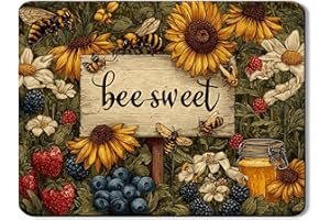 Bee Sweet Dish Drying Mats for Kitchen, Rustic Floral Absorbent Rubber Dish Mat, Summer Vintage Drying Pad for Kitchen Counte
