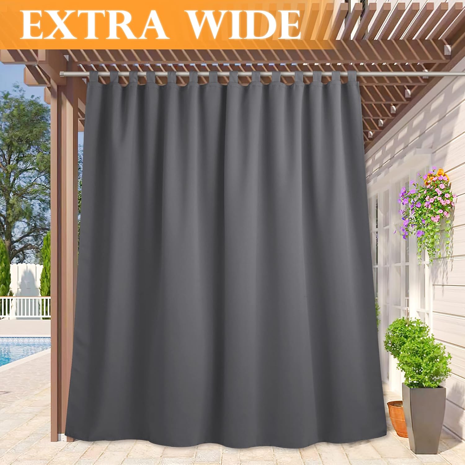 Outdoor Curtains - RYB HOME Patio Curtain Outdoor - Extra Wide Blackout Curtains Waterproof Windproof Privacy Outdoor Indoor Curtains for Porch Gazebo Pavilion, Wide 100 x Long 84 Inch, Grey