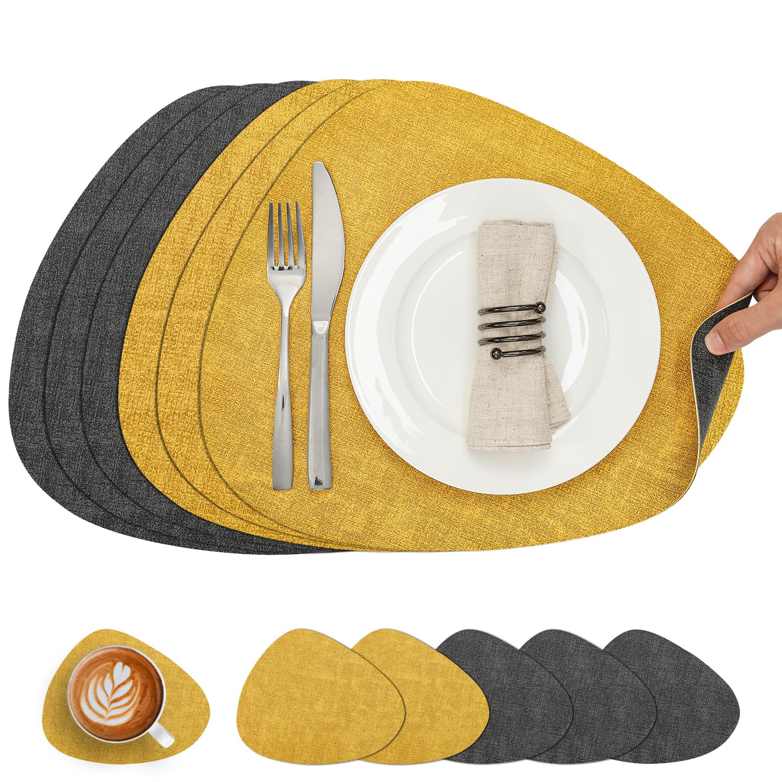 Chitomars Placemats and Coaster Set of 6, Place Mats Table Mats Coffee Mats Placemats set of 6 Triangle Waterproof Wipeable Dual Sided Kitchen Heat Resistant Non-Slip Washable