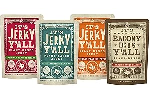 It's Jerky Y'all Plant Based Jerky and Bacon Bits Variety Pack | Beyond Tender Jerky and Crunchy Bacon Vegan Snacks | Non-GMO, Gluten Free, Vegetarian (4 Pack)