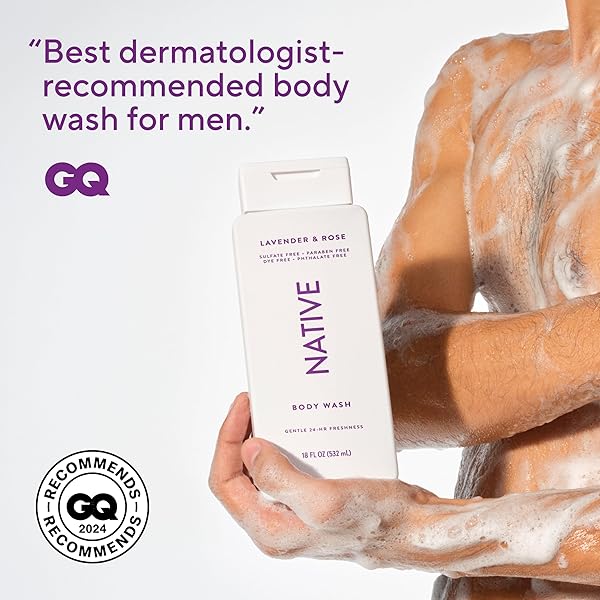 NATIVE BODY WASH CONTAINS NATURALLY DERIVED INGREDIENTS | FOR WOMEN & MEN, SULFATE, PARABEN, & DYE FREE LEAVING SKIN SOFT AND HYDRATED | LAVENDER & ROSE 18 OZ