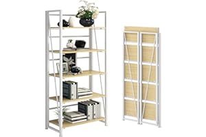 GHQME No-Assembly Folding Bookshelf Storage Shelves 5 Tiers Vintage Multifunctional Plant Flower Stand Storage Rack Shelves Bookcase for Home Office(White)