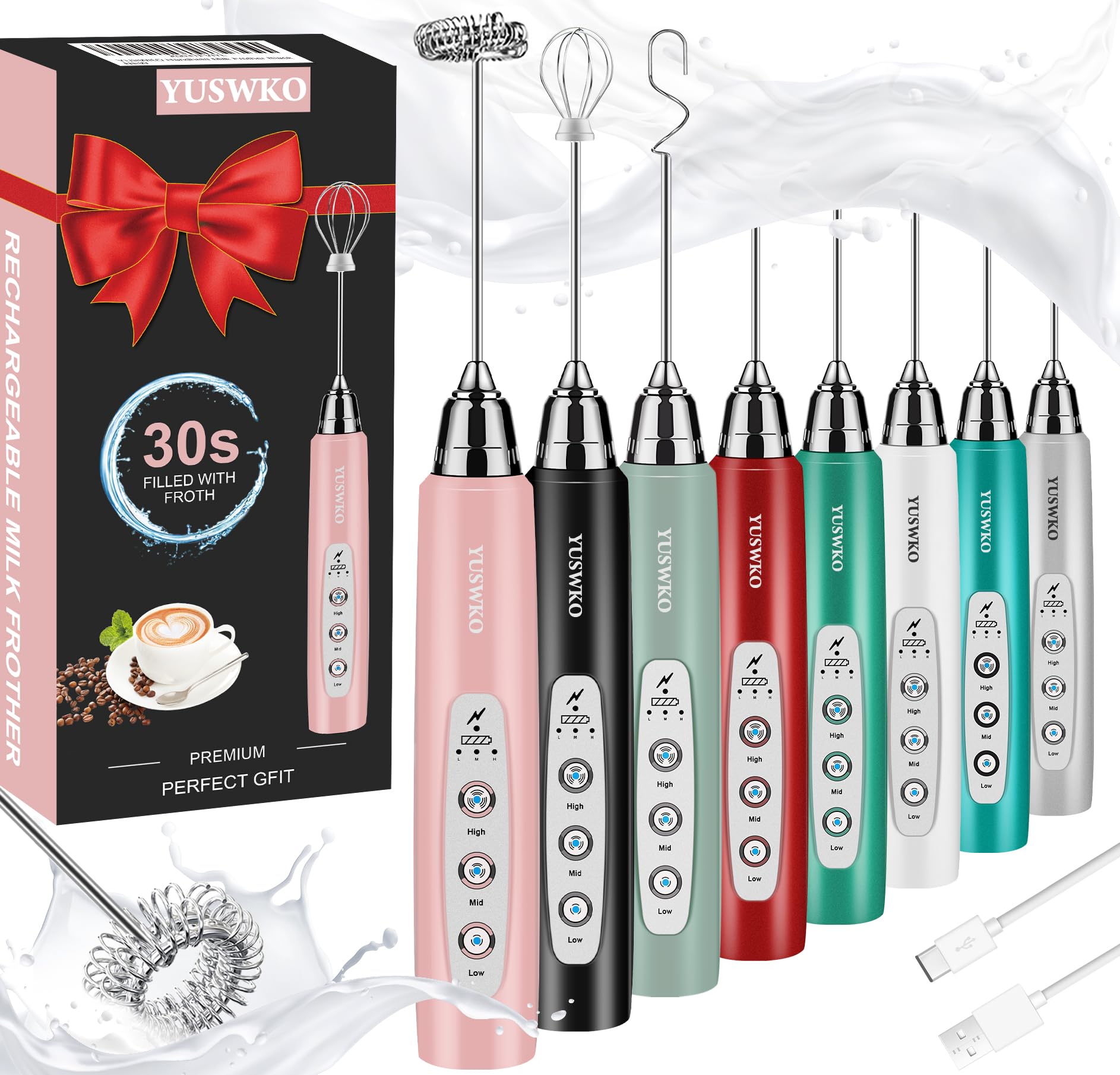 Photo 1 of ***(MISSING PARTS)***YUSWKO Milk Frother Handheld for Coffee, Rechargeable Drink Mixer with 3 Heads 3 Speeds Electric Coffee Frother Whisk, Gift for Many Occasions and Festival