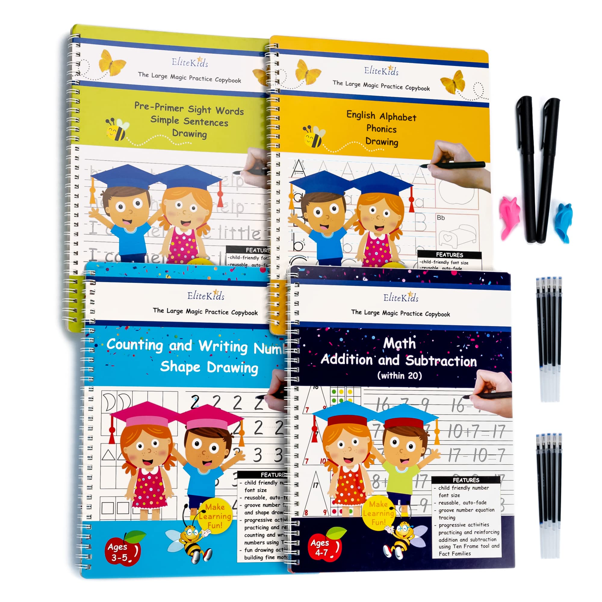 Teacher Designed Large11x8.5in Magic Practice Copybook for Kids, Reusable Hand Writing Practice Book Kit with Sight Words, Learn to Write Set with Magic Ink for Children 4 Years Olds and Up (4 Pack)