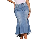 Allegra K Women's Washed Fishtail Denim Skirt High Waist Raw Hem Fashion Casual Midi Jean Skirts with Pockets
