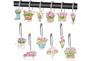 MALLMALL6 12Pcs Spring Flower Shower Curtain Hooks Tulip Floral Metal Rustproof Decorative Pendants for Bathroom Bedroom Room