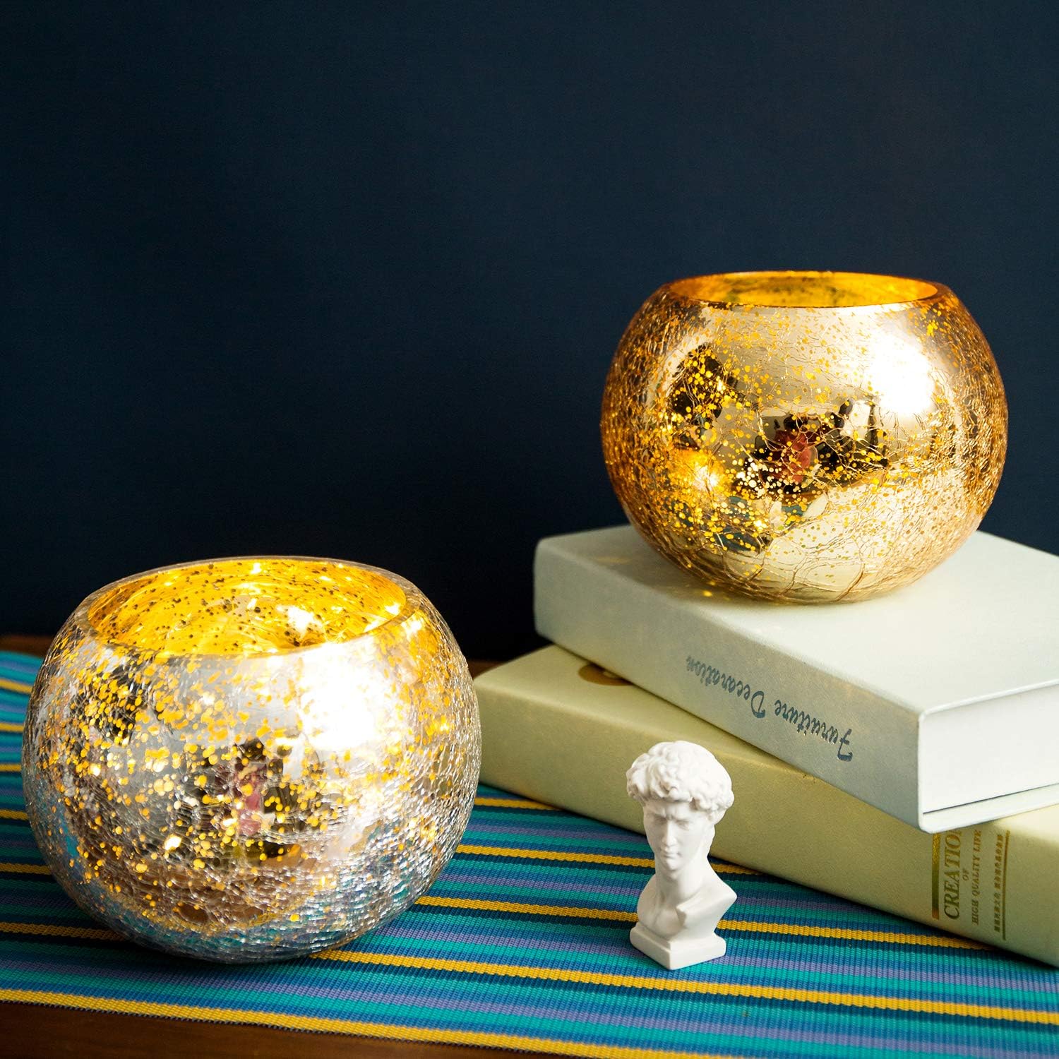 Diamond Star Votive Candle Holders Mercury Glass Tealight Candle Holder Ice Cracked Glass Bowl Candle Holder for Home Wedding Tables (Gold): Home & Kitchen