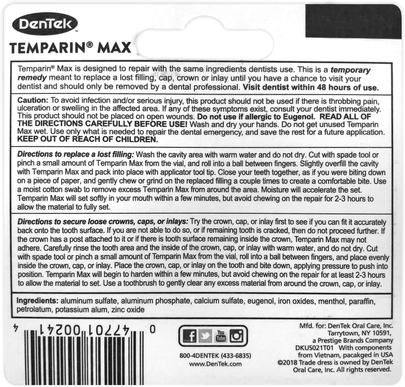 DenTek Temparin Max Lost Filling and Loose Cap Repair Kit | One Step Formula | 5+ Repairs | 0.04 Ounces | 1-Pack: Health & Personal Care