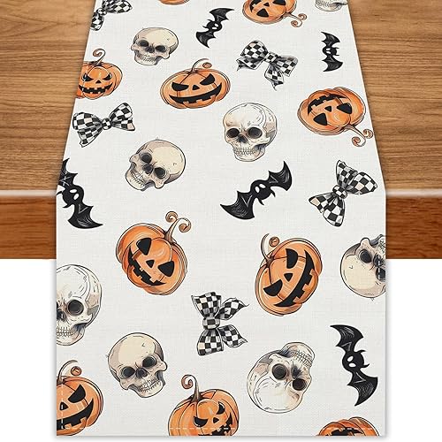 Pumpkin Skull Bat Halloween Table Runner 72 Inch Seasonal Fall Kitchen Dining Room Table Decorations for Home Party Decor