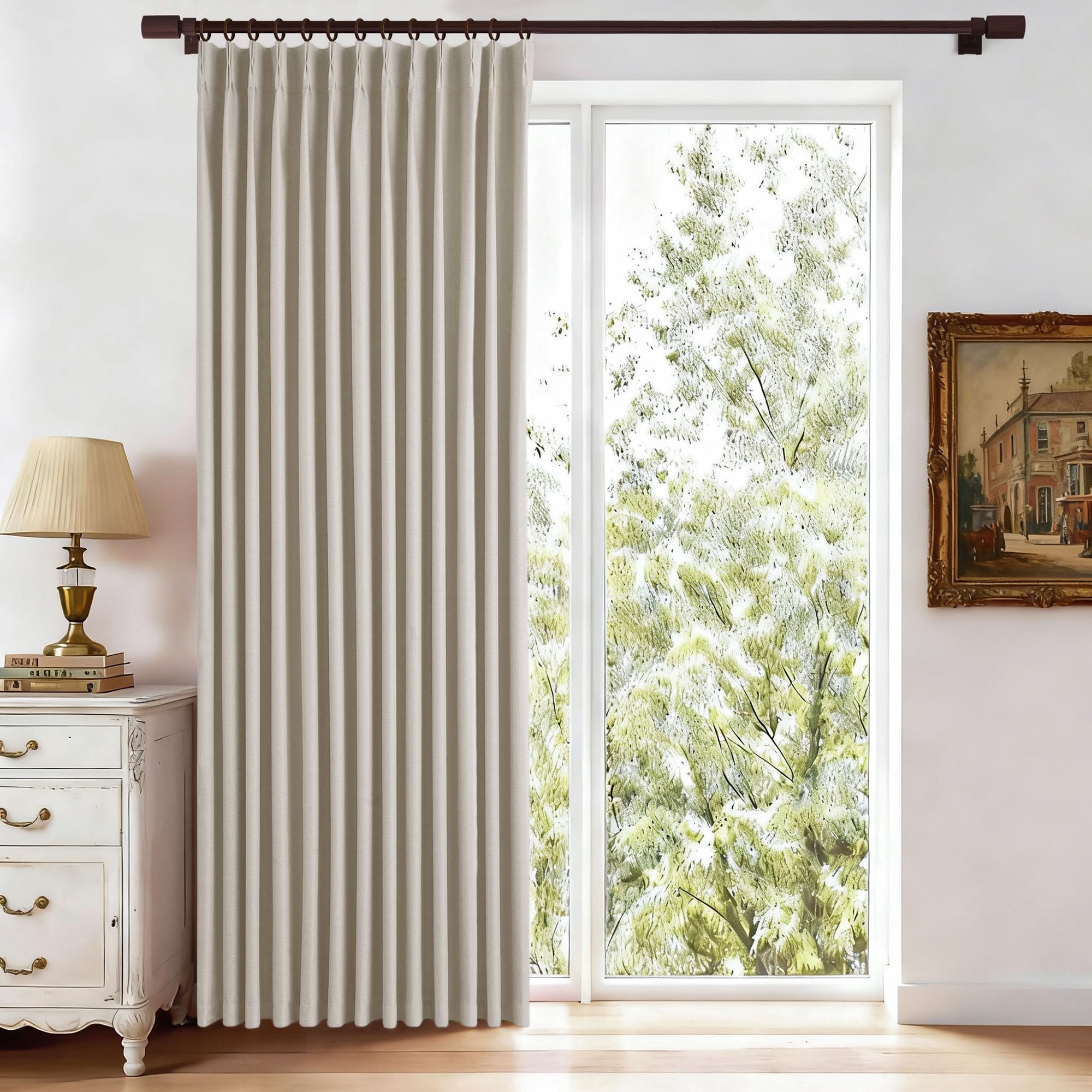 Photo 1 of LCOOMZEN Heat and Full Light Blocking Drapes for Living Room Faux Linen Pinch Pleated Curtains with Hooks 90 Inches Long 1 Panel Natural 84x90 Inch Big Window Curtains Home Decor