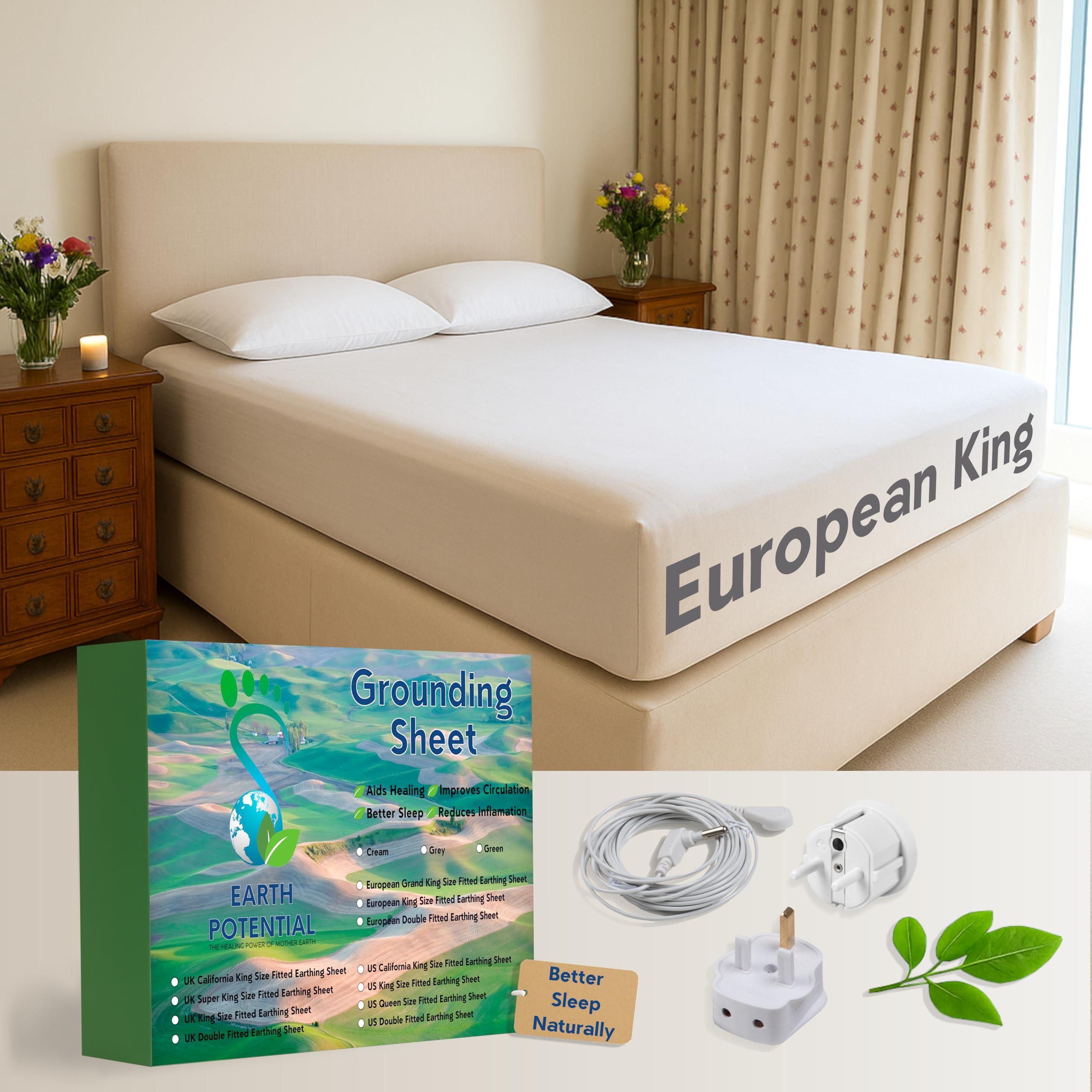 Earthing Grounding Fitted European King-Size Sheet 160 x 200 x 25cm - Cream – 95% Cotton and 5% Soft Silver Conductive Thread for Healing and Better Sleep – c/w 5m cable and European grounding plug