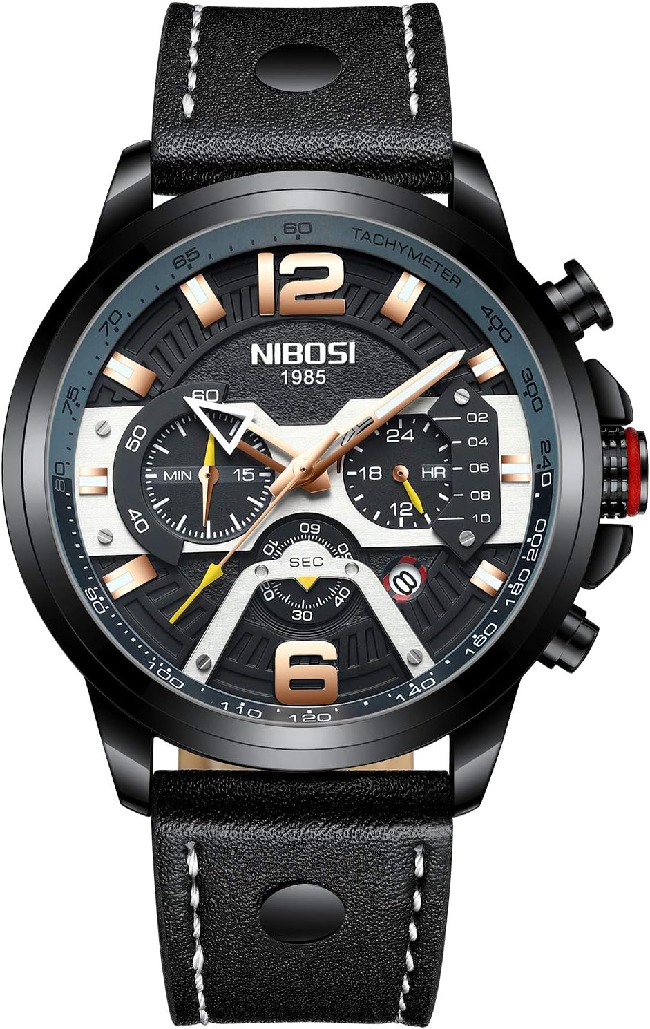NIBOSI Watches Men Sport Quartz Watches Waterproof Wrist Watch Gift Three-Eye 6-pin Solid Leather Belt Watch