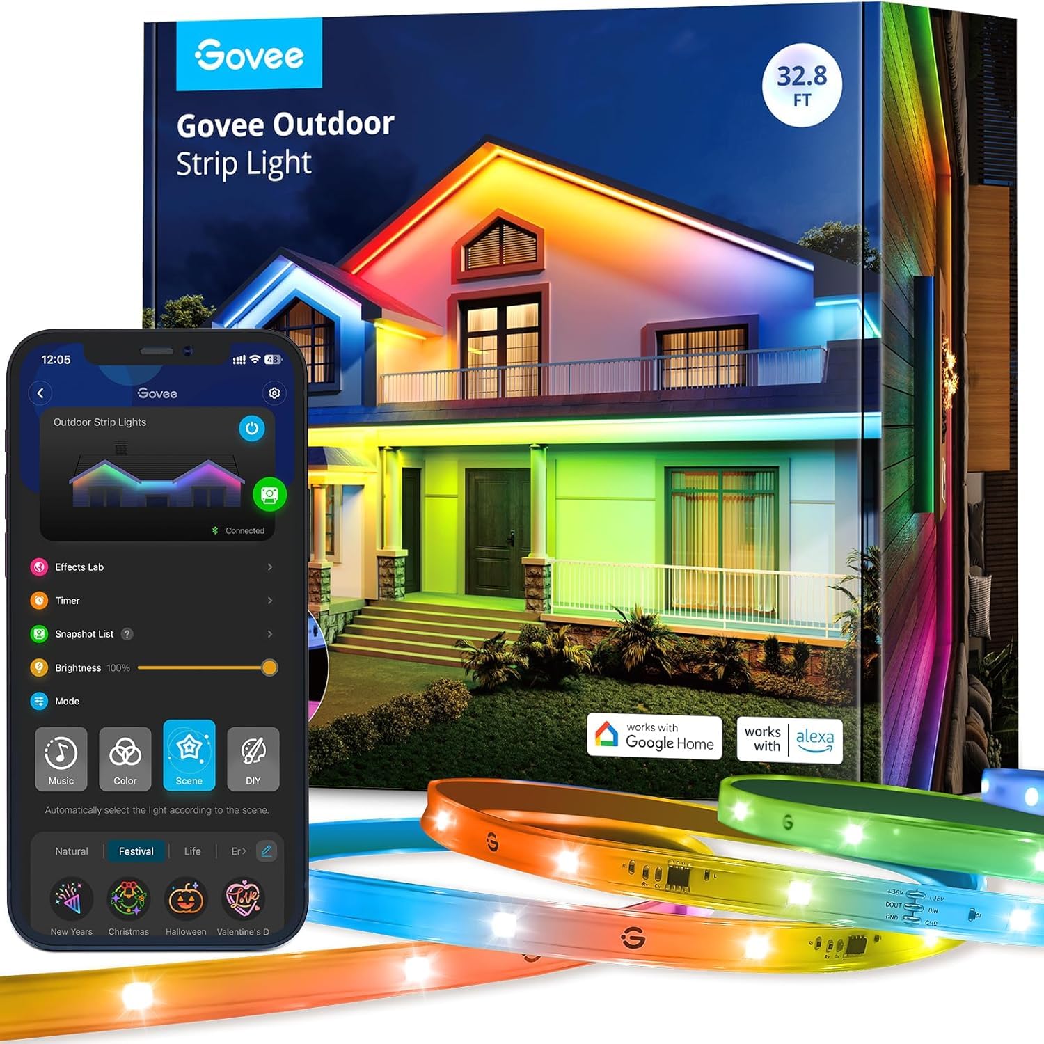 Govee Outdoor LED Strip Light, 10M RGBIC Outdoor Lights IP65 Waterproof, LED Strip for Garden, Eave, Garage, Music Sync and WiFi Voice Control, Smart App Control,Works with Alexa, Google Assistant