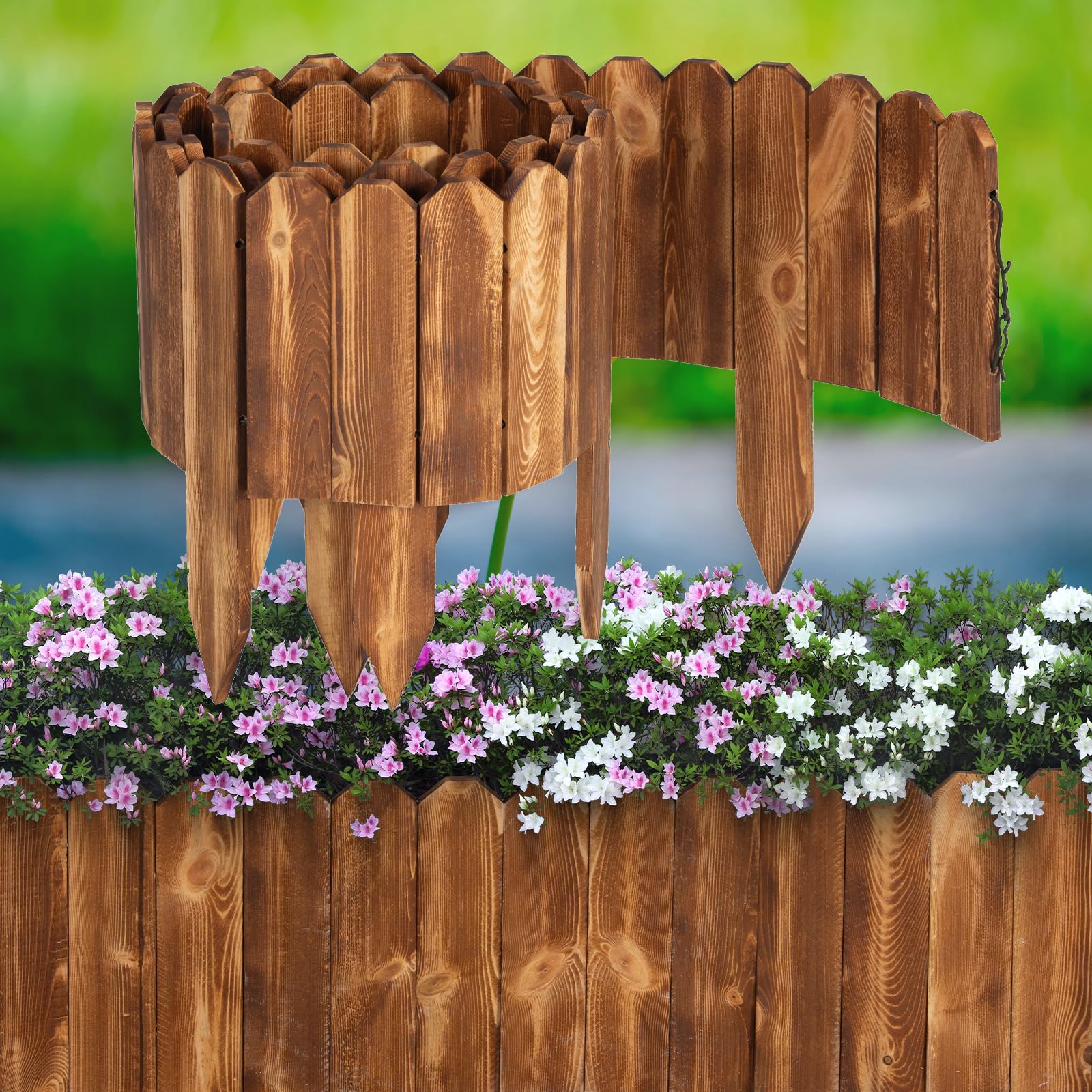 Photo 1 of LINSHRY Wood Garden Fence, 8in (H) x 12ft (L) Wood Garden Edging Decorative Landscape Edging Border, Outdoor Fence Border for Yard Tree Flower Bed Edging(Brown)