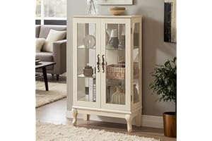 CKEASEAN Lighted Curio Cabinet, 44" H Glass Display Case with Adjustable Glass Shelves, Vintage China Cabinet with Mirrored Back Panel, 3-Tier Shelves, Light Blub Included, Rack for Living Room (Antiqe White)
