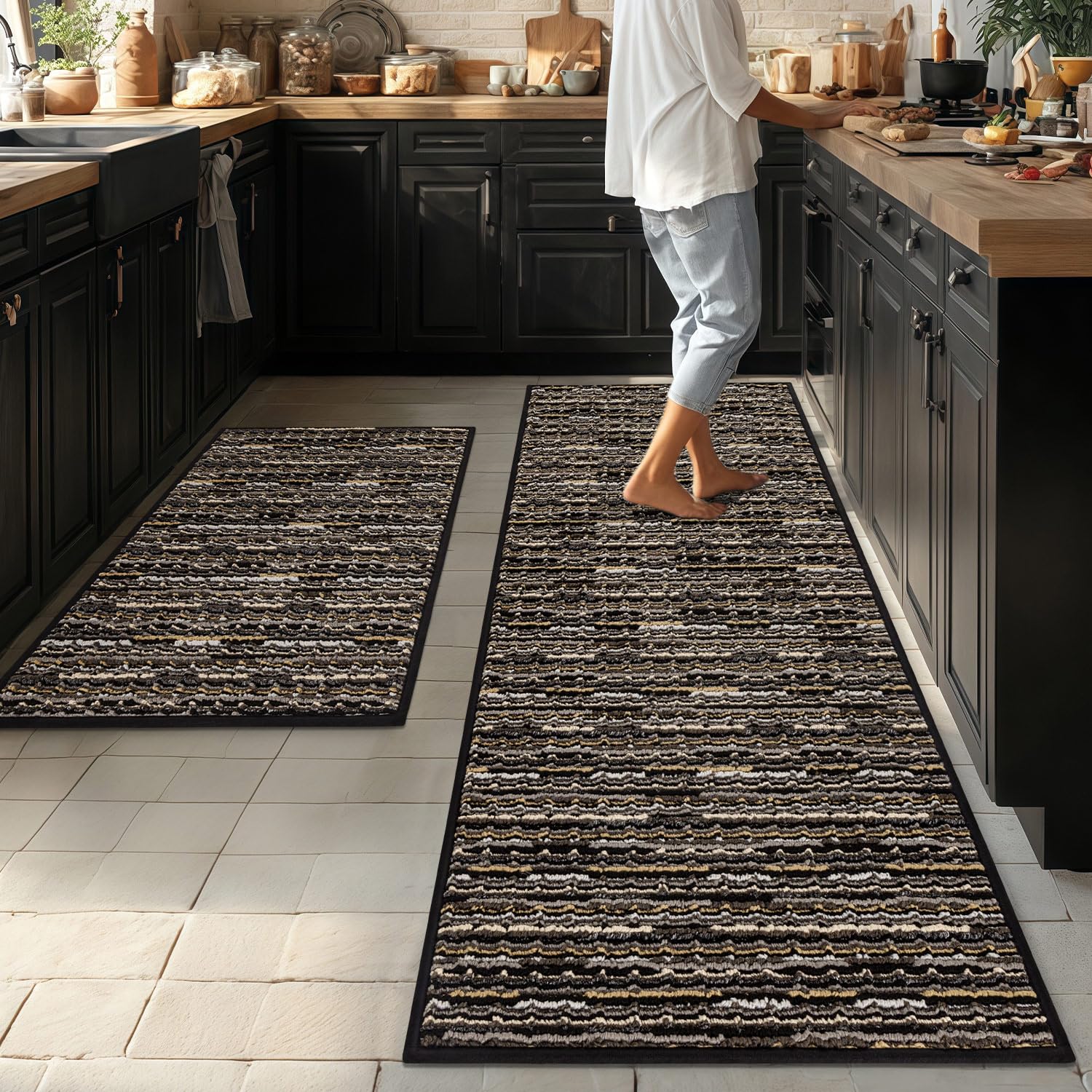 Photo 1 of **ONLY ONE PIECE**Kitchen Rug Non Slip Kitchen Mats for Floor-Thick Stain Resistant Vintage Kitchen Floor Mat Runner Carpet for Hallways Entryway Laundry Room Washable?Black 22"x59"+20"x32"?