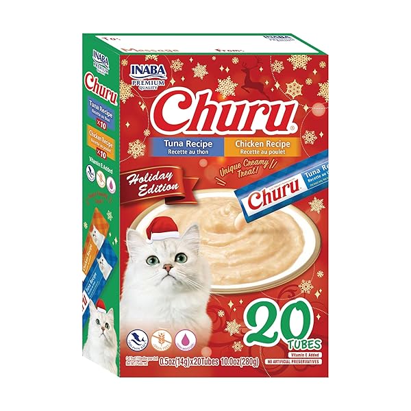 INABA CHURU CAT TREATS, LICKABLE, SQUEEZABLE CREAMY PURÉE CAT TREAT WITH VITAMIN E, 0.5 OUNCES EACH TUBE, 20 TUBES, HOLIDAY VARIETY PACK