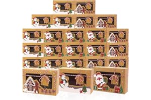 Bszatan 24 Packs Christmas Cookie Boxes with Window, Food Grade Kraft Bakery Boxes with Oilpaper and Ribbons, Cupcake Boxes for Holiday Gift Giving, Christmas Party Favors, Fits Cookies or Cakes